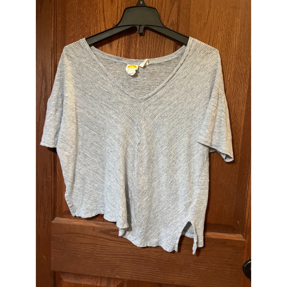 C & C California Linen Top V-Neck Striped Casual Comfy Tee Shirt Large